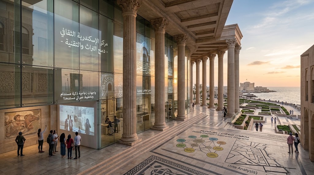 صورة تخيلية لمركز ثقافي حديث يدمج بين العناصر التراثية الإسكندرانية (مثل الأعمدة الكورنثية) والتقنيات الحديثة 