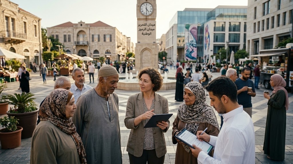 باحث معماري يقوم بإجراء مقابلة ميدانية و توزيع استبيان