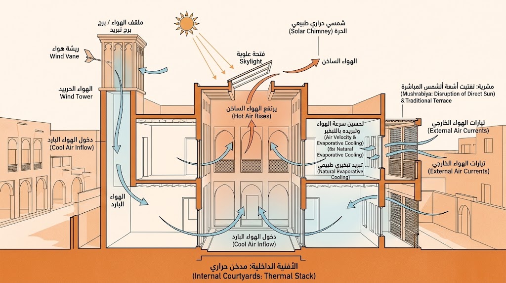 حركة الهواء والتهوية الطبيعية عبر الفراغات الانتقالية
معايير اختيار موضوعات العمارة